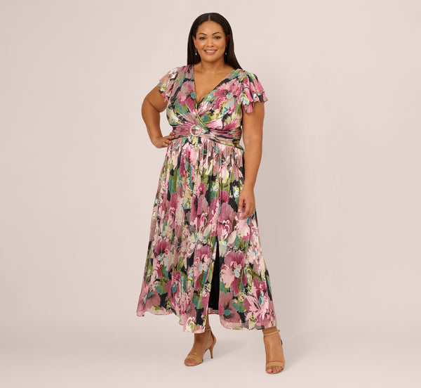 Adrianna Papell Plus Size Flutter Sleeve Metallic Floral Gown In Navy Pink Multi