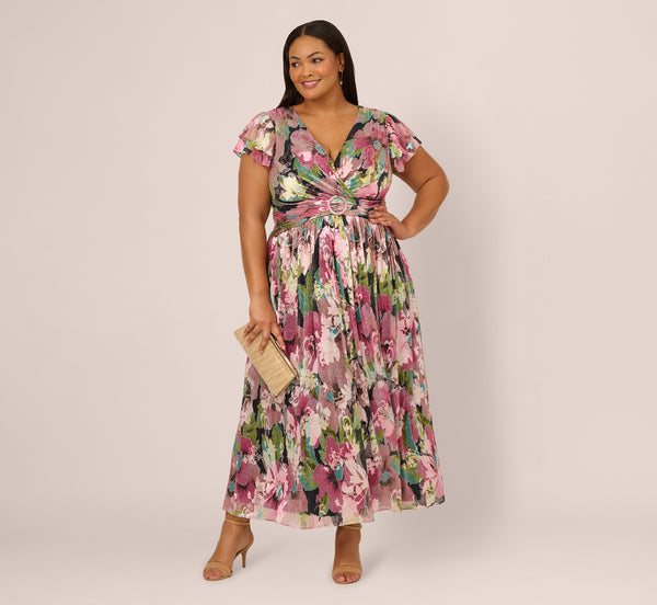 adrianna papell Plus Size Flutter Sleeve Metallic Floral Gown In Navy Pink Multi
