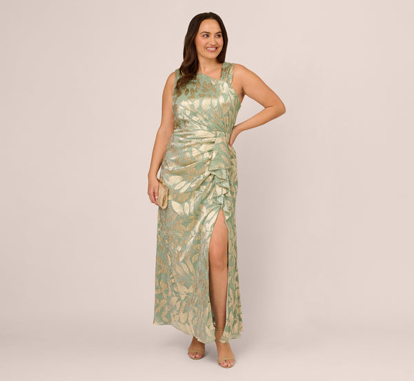 Adrianna Papell Plus Size Foil Printed Asymmetric Gown With Ruffled Detail In Sage Gold