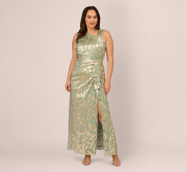 Adrianna Papell Plus Size Foil Printed Asymmetric Gown With Ruffled Detail In Sage Gold