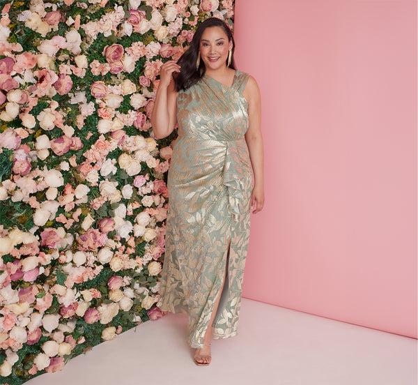 adrianna papell Plus Size Foil Printed Asymmetric Gown With Ruffled Detail In Sage Gold