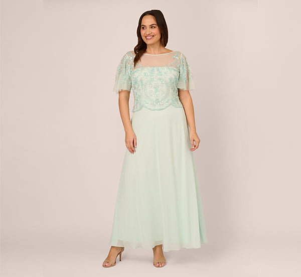 Adrianna Papell Plus Size Hand-Beaded Illusion Long Gown With Flutter Sleeves In Mint Glass