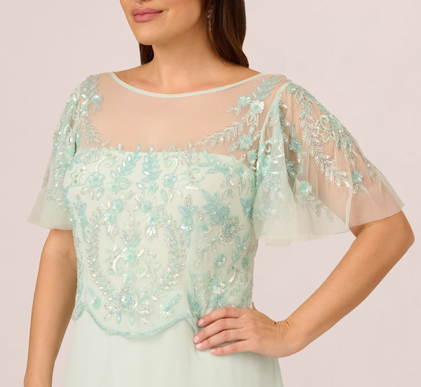 Adrianna Papell Plus Size Hand-Beaded Illusion Long Gown With Flutter Sleeves In Mint Glass