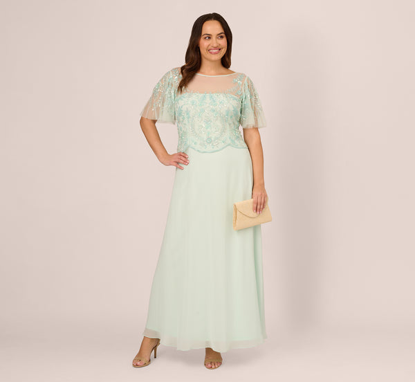 adrianna papell Plus Size Hand-Beaded Illusion Long Gown With Flutter Sleeves In Mint Glass