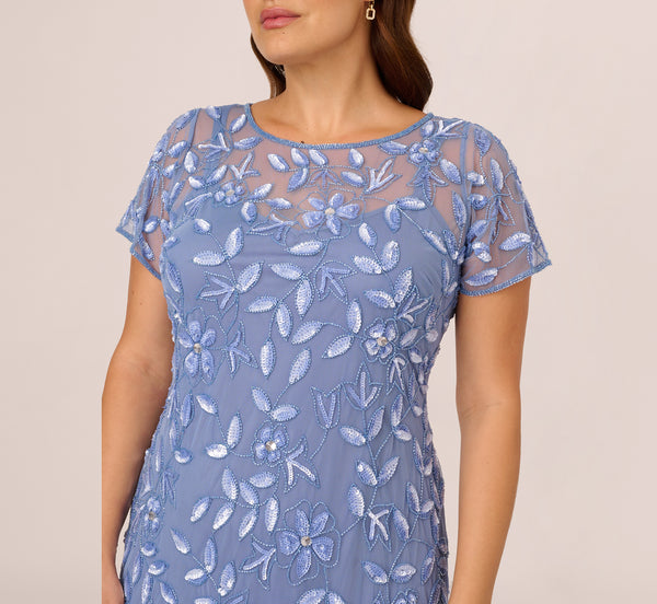 Adrianna Papell Plus Size Hand Beaded Short Sleeve Floral Godet Gown In French Blue