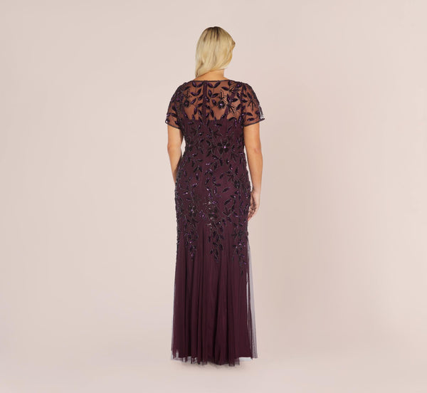 Adrianna Papell Plus Size Hand Beaded Short Sleeve Floral Godet Gown In Night Plum