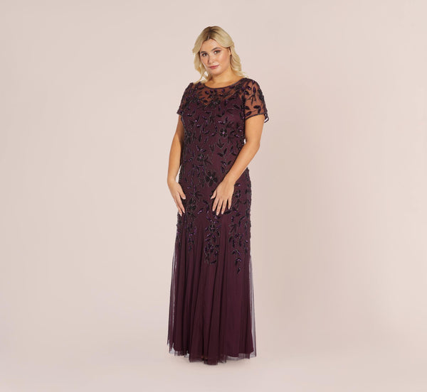 Adrianna Papell Plus Size Hand Beaded Short Sleeve Floral Godet Gown In Night Plum