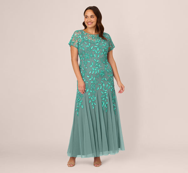 Adrianna Papell Plus Size Hand Beaded Short Sleeve Floral Godet Gown In Green Slate