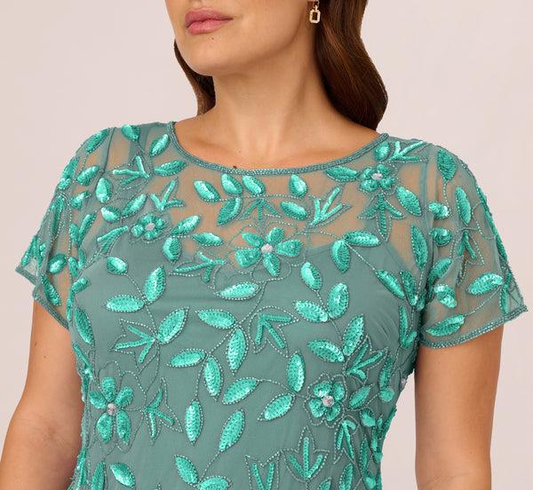 Adrianna Papell Plus Size Hand Beaded Short Sleeve Floral Godet Gown In Green Slate