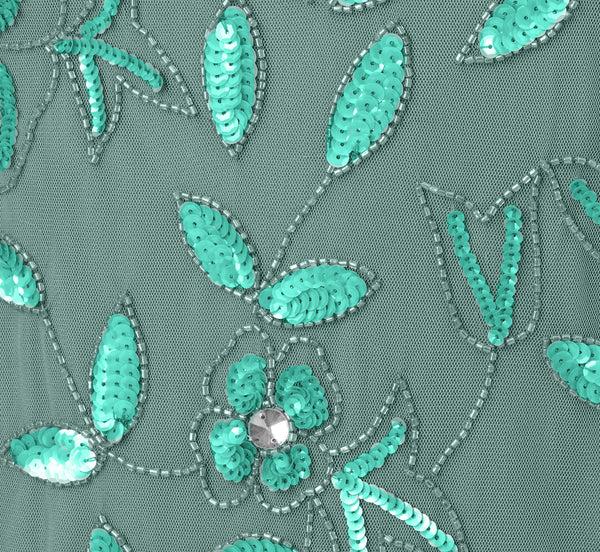 Adrianna Papell Plus Size Hand Beaded Short Sleeve Floral Godet Gown In Green Slate