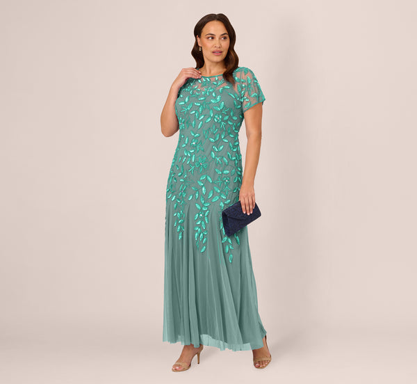 adrianna papell Plus Size Hand Beaded Short Sleeve Floral Godet Gown In Green Slate