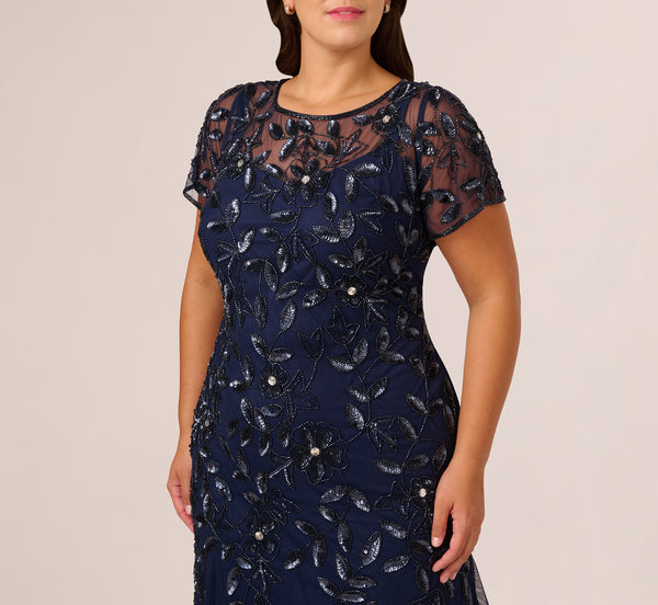 Adrianna Papell Plus Size Hand Beaded Short Sleeve Floral Godet Gown In Light Navy