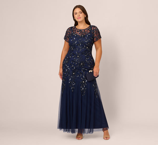 adrianna papell Plus Size Hand Beaded Short Sleeve Floral Godet Gown In Light Navy
