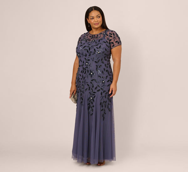 adrianna papell Plus Size Hand Beaded Short Sleeve Floral Godet Gown In Smoky Peri