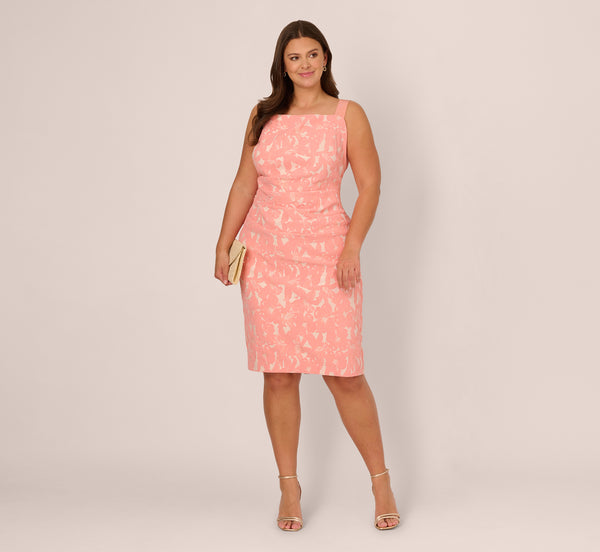 adrianna papell Plus Size Hibiscus Jacquard Sheath Dress With Tucked Details In Light Coral