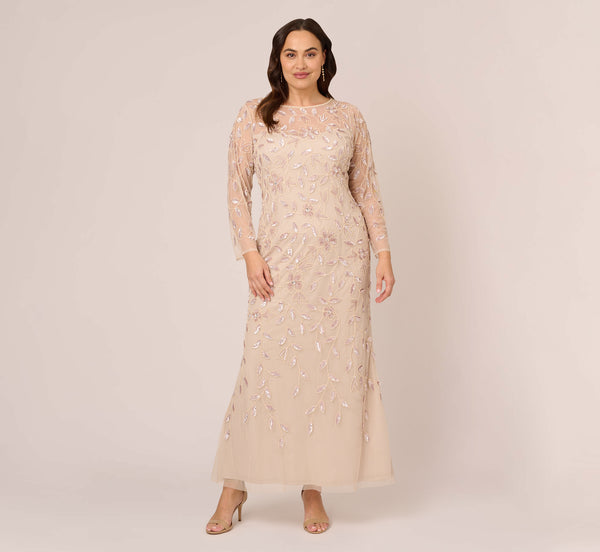 Adrianna Papell Plus Size Illusion Floral Beaded Gown With Sheer Long Sleeves In Latte