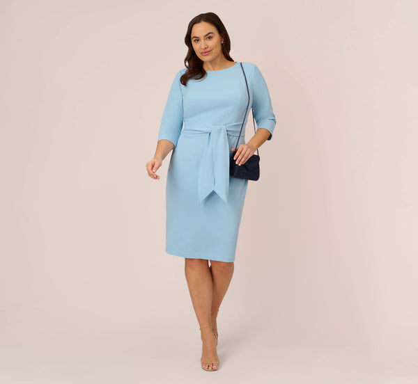 adrianna papell Plus Size Knit Crepe Bow Sheath Dress With Three Quarter Sleeves In Blue Mist