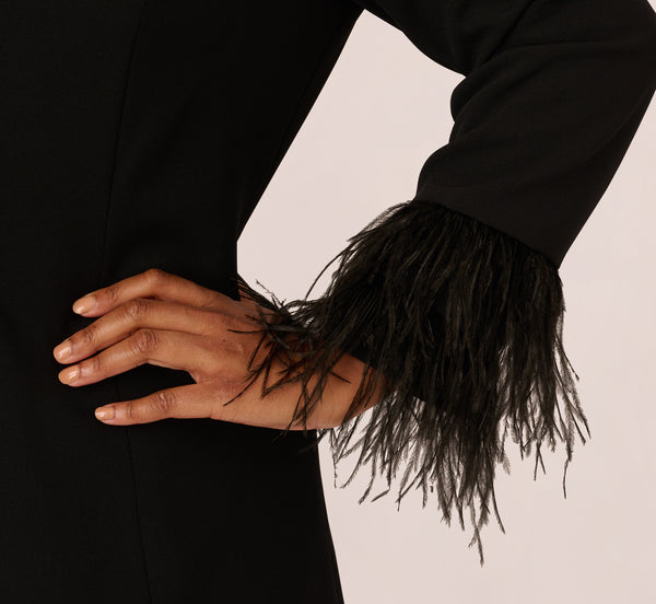 Adrianna Papell Plus Size Knit Crepe Long Sleeve Blazer Dress With Feather Trim In Black