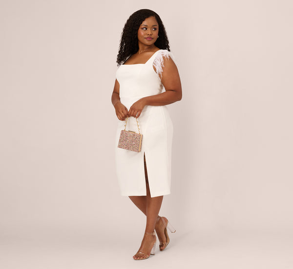 Adrianna Papell Plus Size Knit Crepe Midi Dress With Feather Shoulder Accents In Ivory