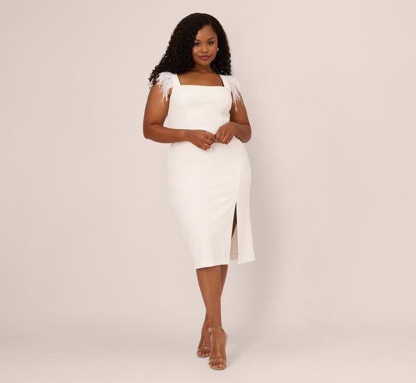 Adrianna Papell Plus Size Knit Crepe Midi Dress With Feather Shoulder Accents In Ivory