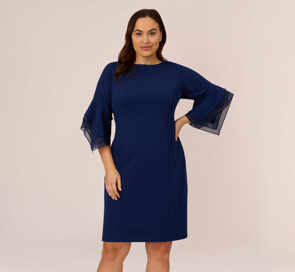 Adrianna Papell Plus Size Knit Crepe Sheath Dress With Tiered Three Quarter Sleeves In Navy Sateen