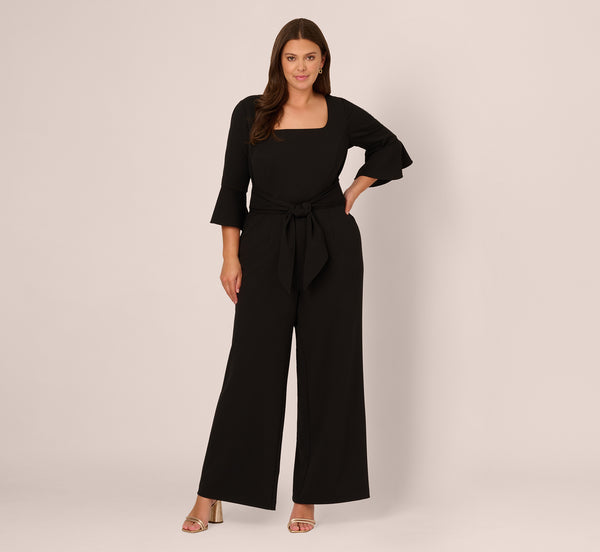 Adrianna Papell Plus Size Knit Crepe Wide Leg Jumpsuit With Bell Sleeves In Black