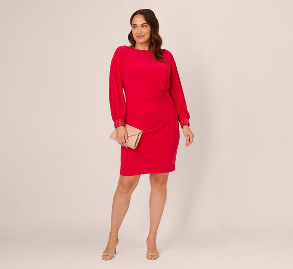 Adrianna Papell Plus Size Long Sleeve Draped Jersey Dress With Beaded Cuffs In Hot Ruby