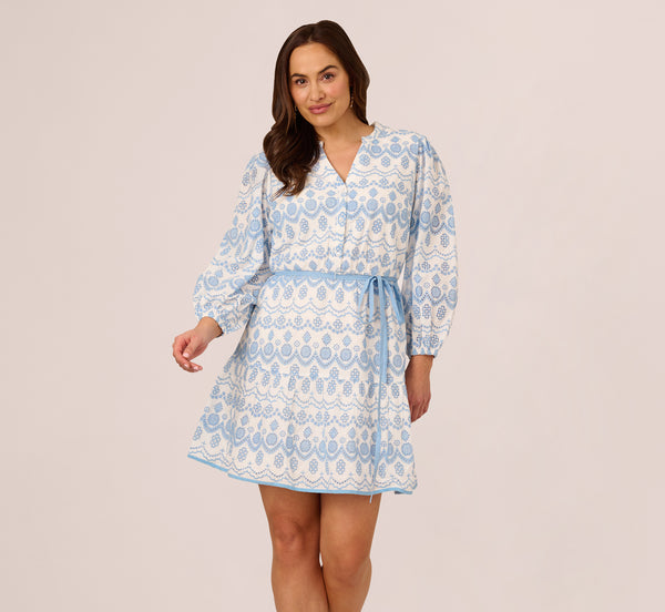 Adrianna Papell Plus Size Long Sleeve Flounce Eyelet Shirt Dress In Light Blue Ivory