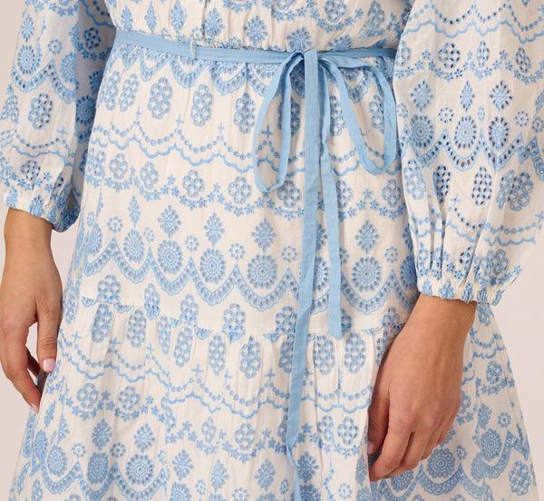 Adrianna Papell Plus Size Long Sleeve Flounce Eyelet Shirt Dress In Light Blue Ivory