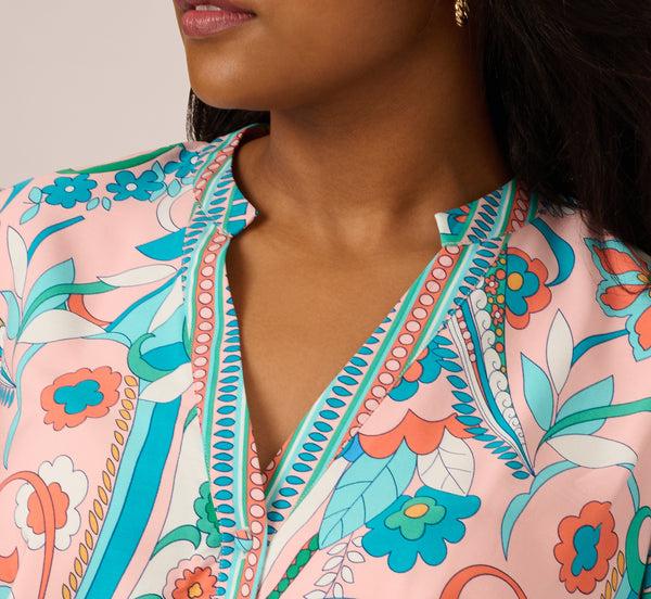 Adrianna Papell Plus Size Long Sleeve Retro Printed A Line Dress In Peach Multi