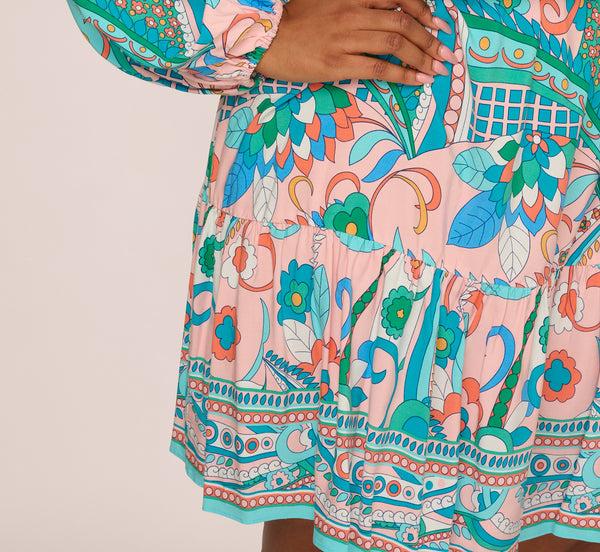 Adrianna Papell Plus Size Long Sleeve Retro Printed A Line Dress In Peach Multi