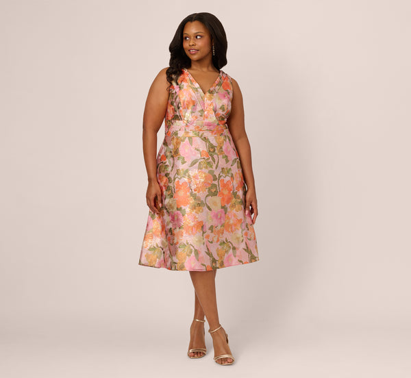 Adrianna Papell Plus Size Metallic Floral Jacquard Midi Dress In Yellow Orange Multi