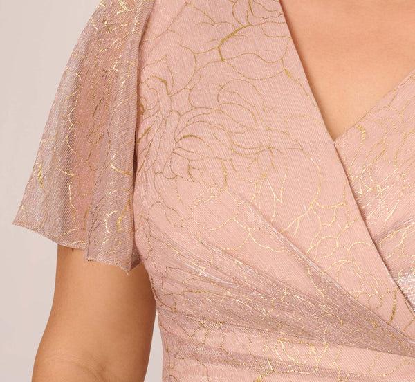 Adrianna Papell Plus Size Metallic Mesh Draped Gown In Rose Gold