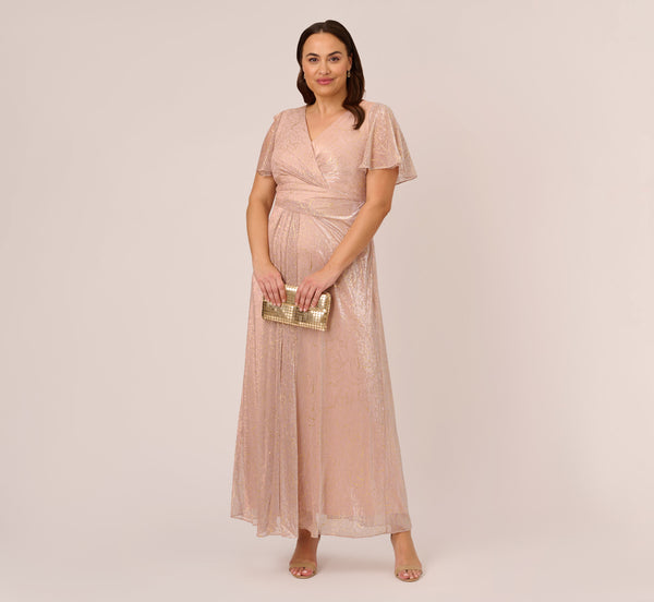 Adrianna Papell Plus Size Metallic Mesh Draped Gown In Rose Gold