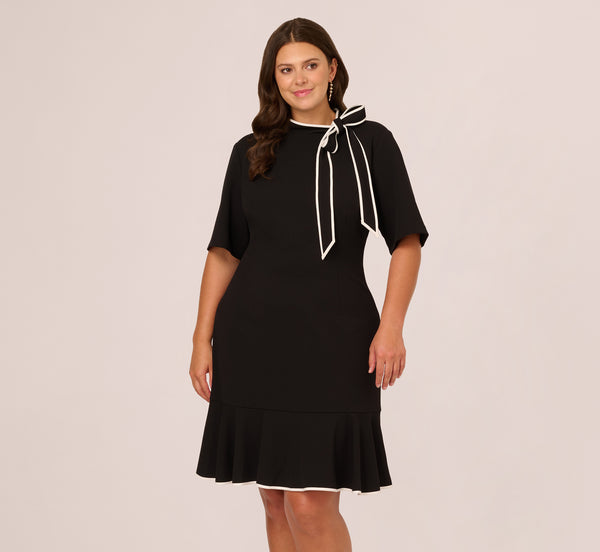 Adrianna Papell Plus Size Mock Neck Dress With Contrasting Bowtie In Black Ivory