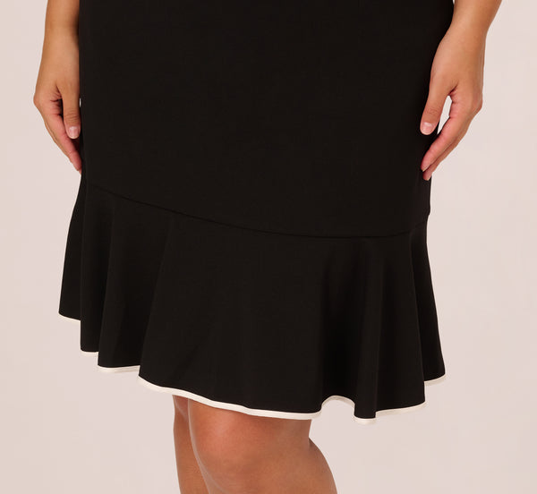 Adrianna Papell Plus Size Mock Neck Dress With Contrasting Bowtie In Black Ivory