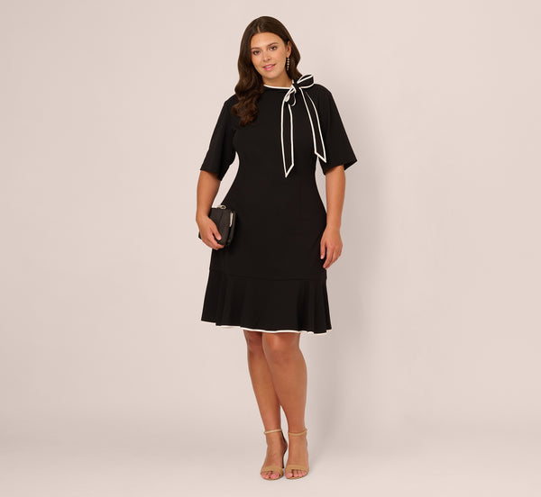 adrianna papell Plus Size Mock Neck Dress With Contrasting Bowtie In Black Ivory