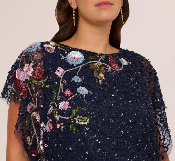 Adrianna Papell Plus Size Multicolor Floral Beaded Mermaid Gown With Dolman Sleeves In Midnight Multi