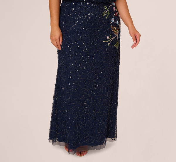 Adrianna Papell Plus Size Multicolor Floral Beaded Mermaid Gown With Dolman Sleeves In Midnight Multi