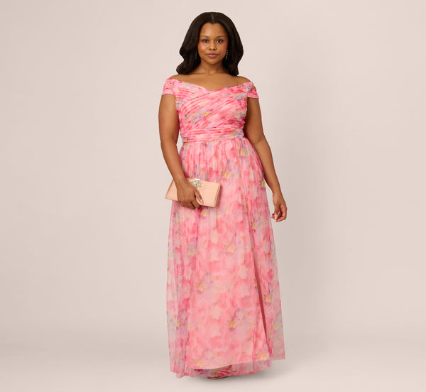 Adrianna Papell Plus Size Off Shoulder Watercolor Print Tulle Gown In Pink Multi
