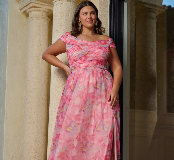 adrianna papell Plus Size Off Shoulder Watercolor Print Tulle Gown In Pink Multi