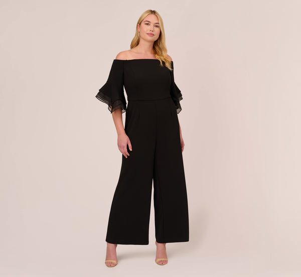 Adrianna Papell Plus Size Off The Shoulder Crepe Jumpsuit With Organza Sleeves In Black