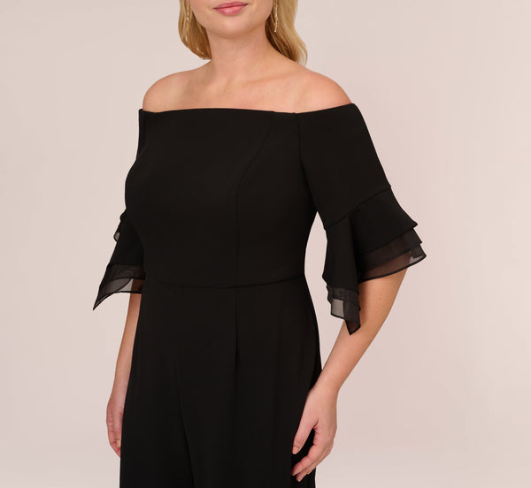 Adrianna Papell Plus Size Off The Shoulder Crepe Jumpsuit With Organza Sleeves In Black