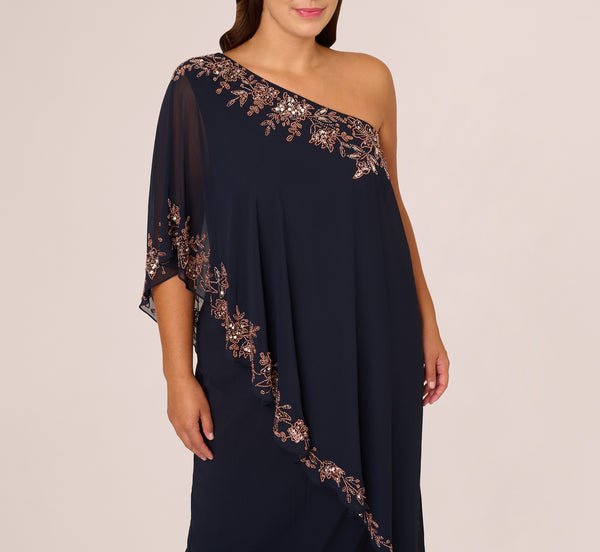 Adrianna Papell Plus Size One Shoulder Bead Chiffon Cape Dress In Navy Rosegold