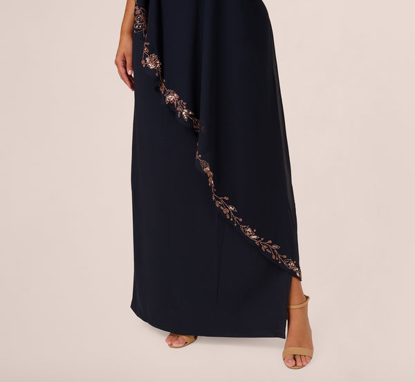 Adrianna Papell Plus Size One Shoulder Bead Chiffon Cape Dress In Navy Rosegold