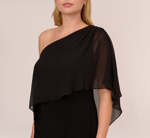 Adrianna Papell Plus Size One Shoulder Dress With Chiffon Cape In Black