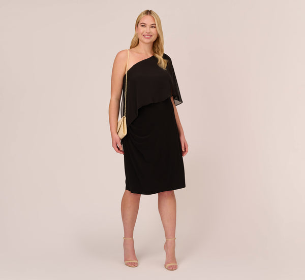 adrianna papell Plus Size One Shoulder Dress With Chiffon Cape In Black