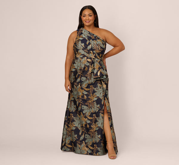 Adrianna Papell Plus Size One Shoulder Jacquard Dress In Blue Gold