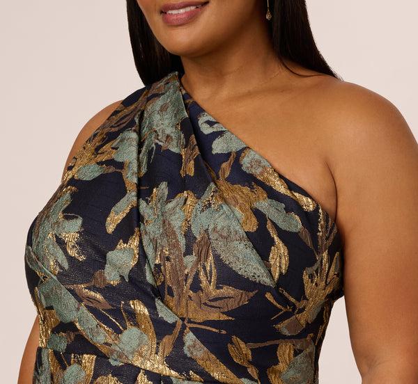 Adrianna Papell Plus Size One Shoulder Jacquard Dress In Blue Gold