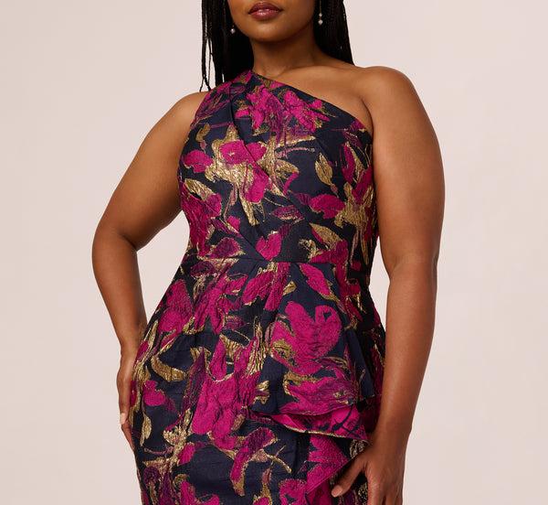 Adrianna Papell Plus Size One Shoulder Jacquard Dress In Navy Pink